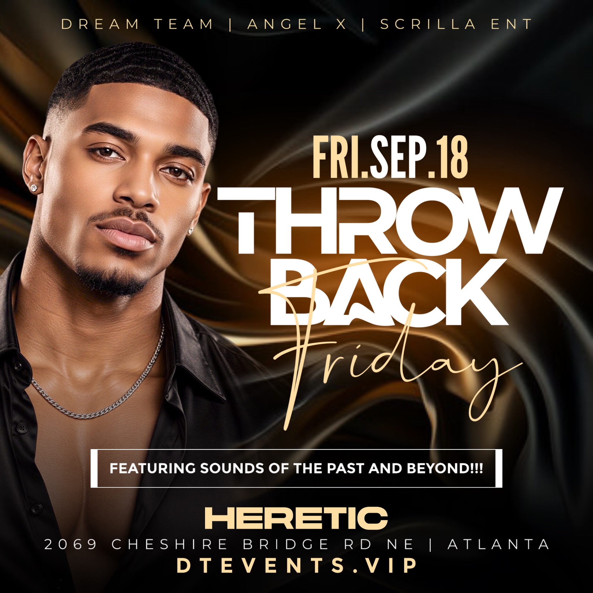 Throwback Friday event flyer featuring the date, venue and hosts